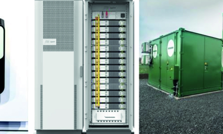 Batterienergilager kommer i många olika storlekar och former. Från vänster till höger, ett väggmonterat batterienergilager; ett batterienergilager i form av ett skåp; och ett större batterienergilager i container.  Bild: RISE