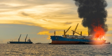 AI-genererad bild av batteriexplosion ombord på ett fartyg.